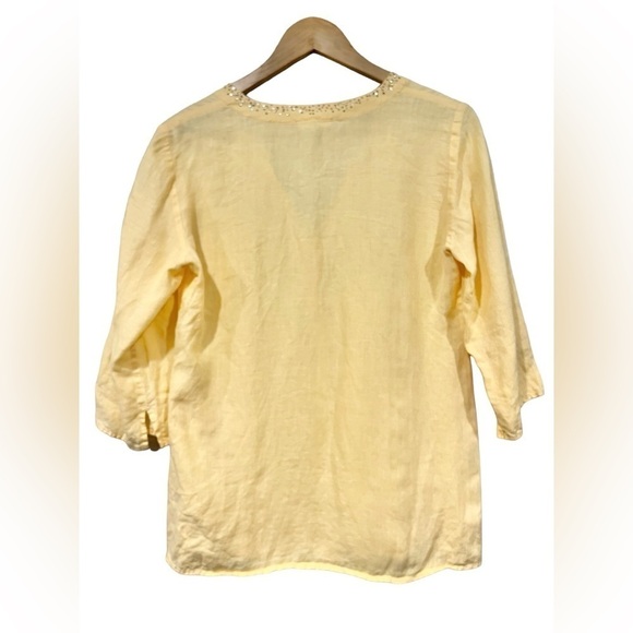 Eileen Fisher Size XS Irish Linen Yellow 3/4th Sleeve Top Sequin Neck Line Tunic - Picture 9 of 9